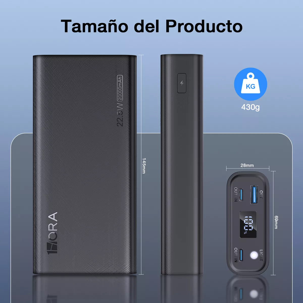 Powerbank 20.000 mAh 22.5W 2 salidas Tipo C y 1 USB con Linterna y Pantalla + Cable 3A Tipo C GAR158