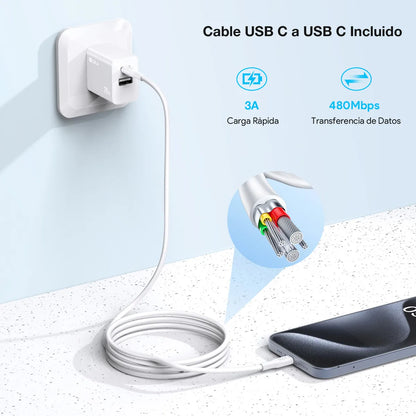 Cargador Carga Rápida 20W Tipo C y USB  + Cable Tipo C 3A x 1m GAR162