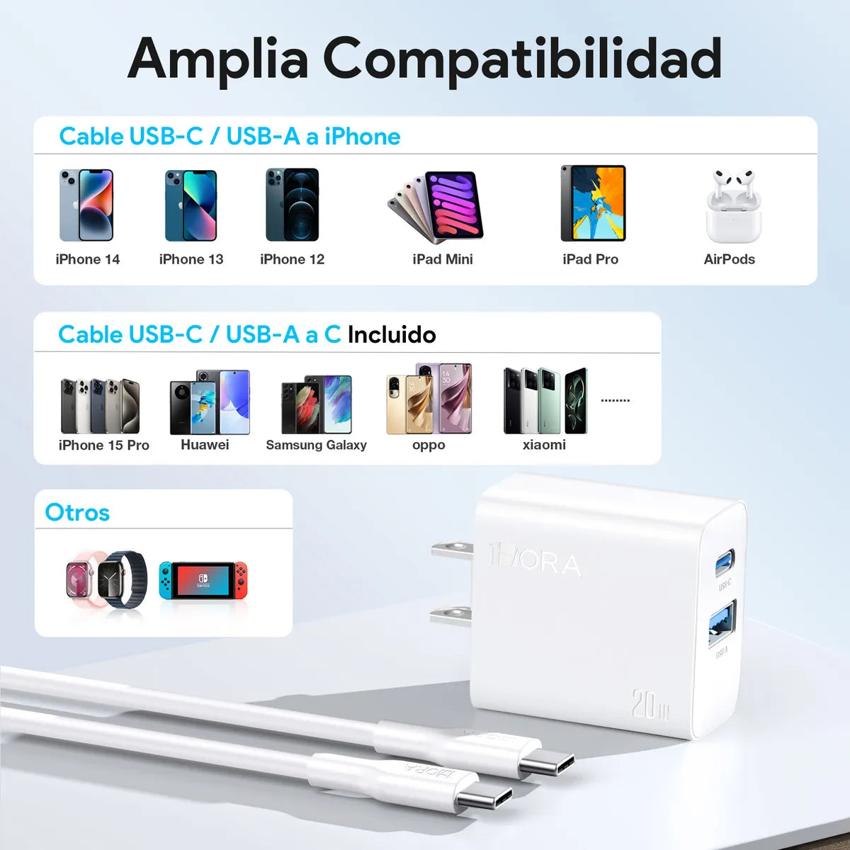 Cargador Carga Rápida 20W Tipo C y USB  + Cable Tipo C 3A x 1m GAR162