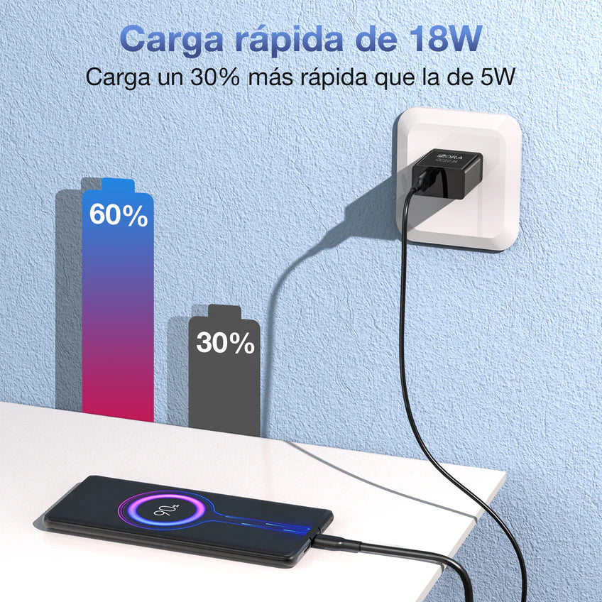 Cargador 18W USB + Cable USB a Tipo C 3A GAR092 Negro