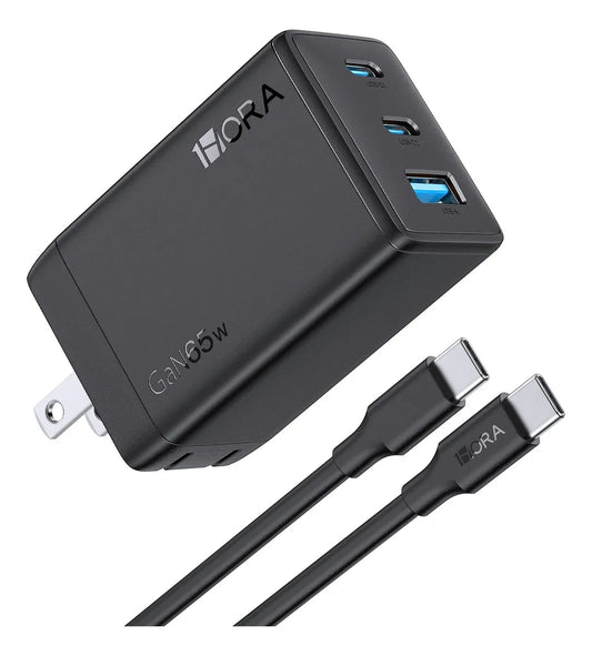Cargador Carga Rápida 65W 2 Tipo C y 1 USB + Cable Tipo C 2m GAR322