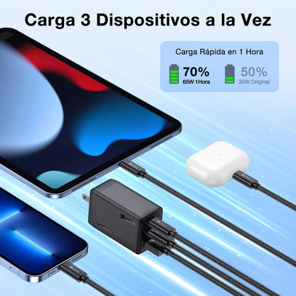 Cargador Carga Rápida 65W 2 Tipo C y 1 USB + Cable Tipo C 2m GAR322